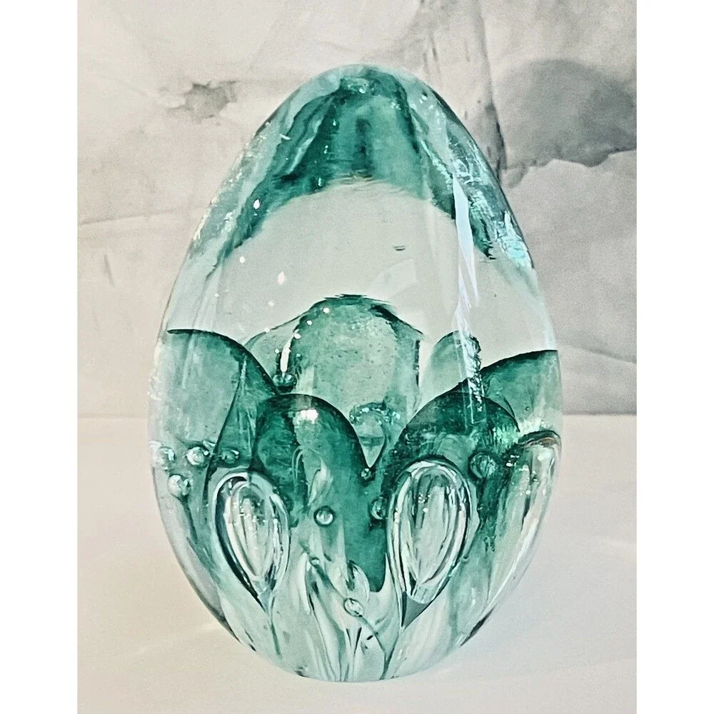 Egg Shaped Green Clear Bullicante Bubble Art Glass Paperweight Signed Vince 94